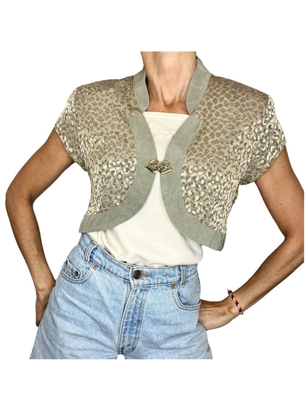 Vintage Canadian made sage green taupe metallic animal print cropped jacket 12